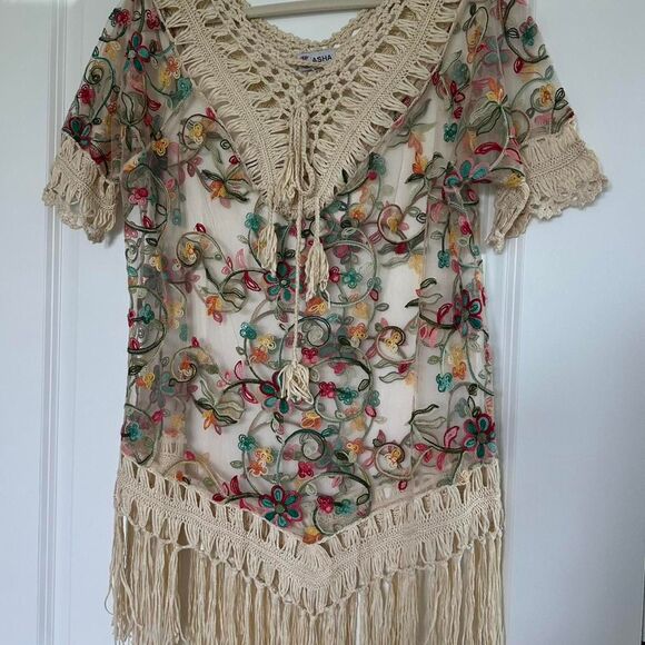 Asha Mesh Floral Embroidered Cover-Up — Cream Sheer Swim Beach Kimono - Picture 1 of 6